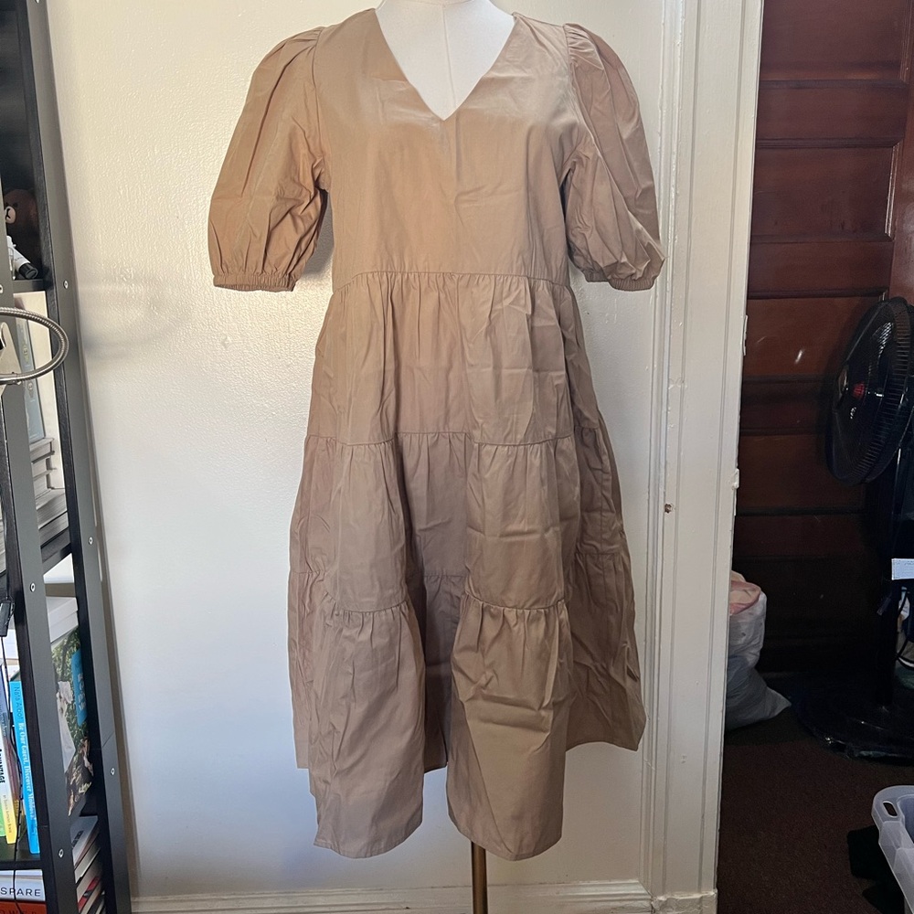 Banana Republic Neutral Tan Puff Sleeve Organic Cotton Tiered Dress Size XS
